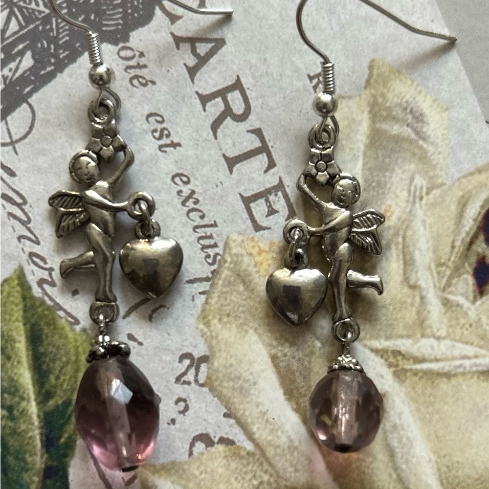 Hand Crafted Cupid with Crystal Earrings